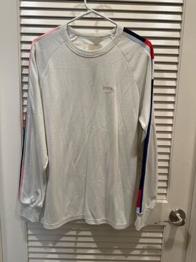 Men's White Long-Sleeve Crew with Multi-Stripe Sleeve Detail